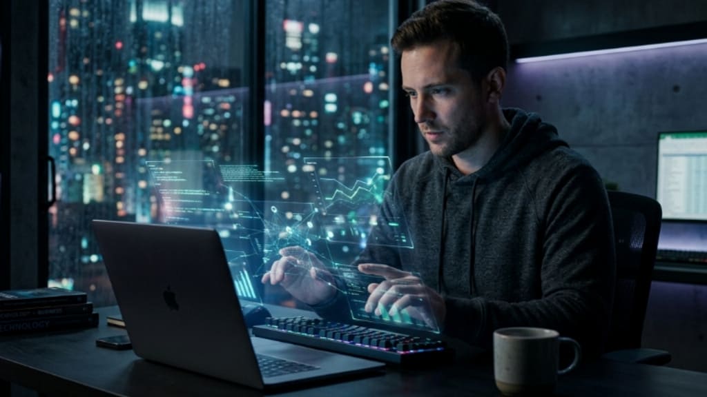 A solo SaaS founder analyzing glowing data streams and Reddit threads on a laptop in a dimly lit office