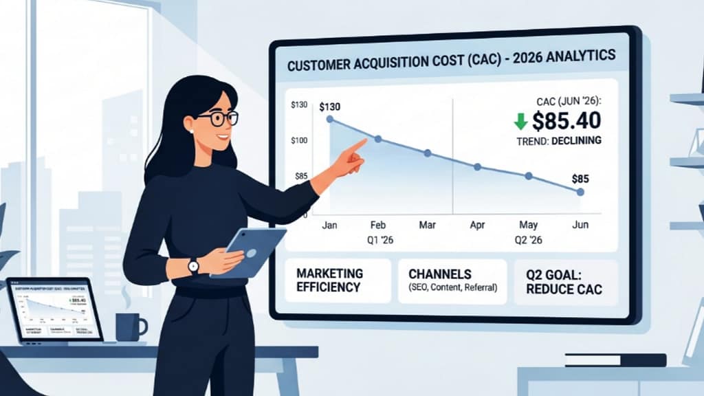 Flat vector illustration of a B2B SaaS growth marketer reviewing metrics to reduce customer acquisition costs in 2026.
