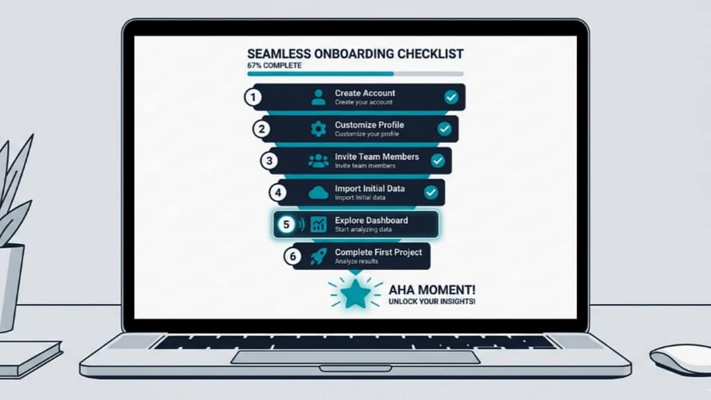 best onboarding checklist for SaaS startups showing six-stage user activation funnel on a laptop screen