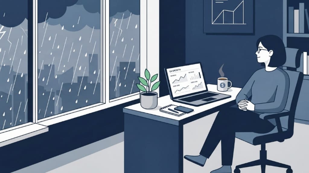 Flat vector art of a startup founder practicing resilient mindset habits during a stormy business environment.
