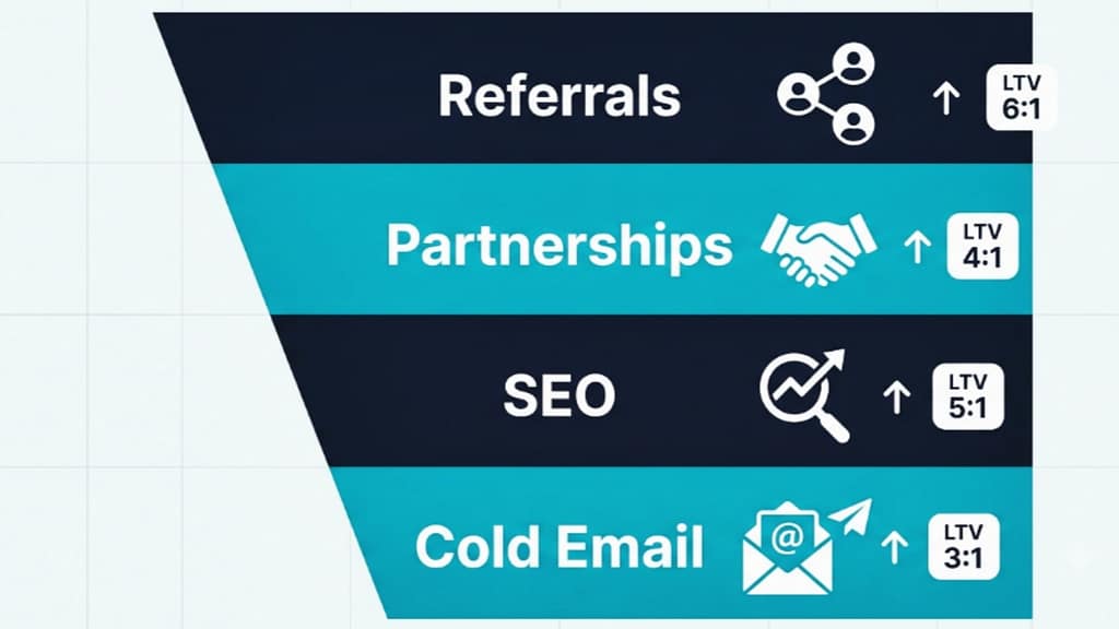 SaaS customer acquisition strategy funnel showing four channels — referrals, partnerships, SEO, and cold email — with verified LTV:CAC benchmarks for 2026.