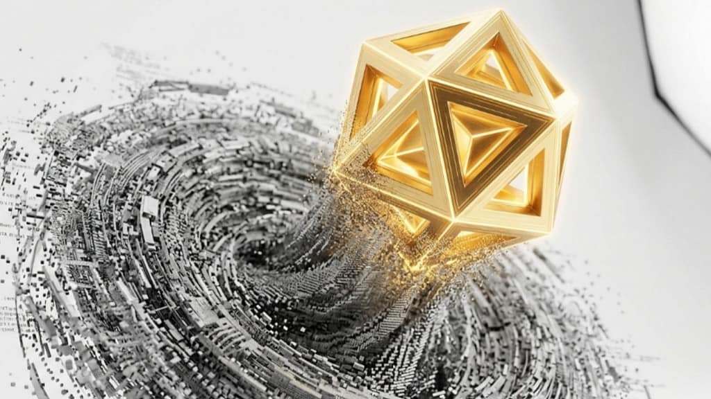 A glowing golden abstract shape emerging from a chaotic swirl of grey static digital noise