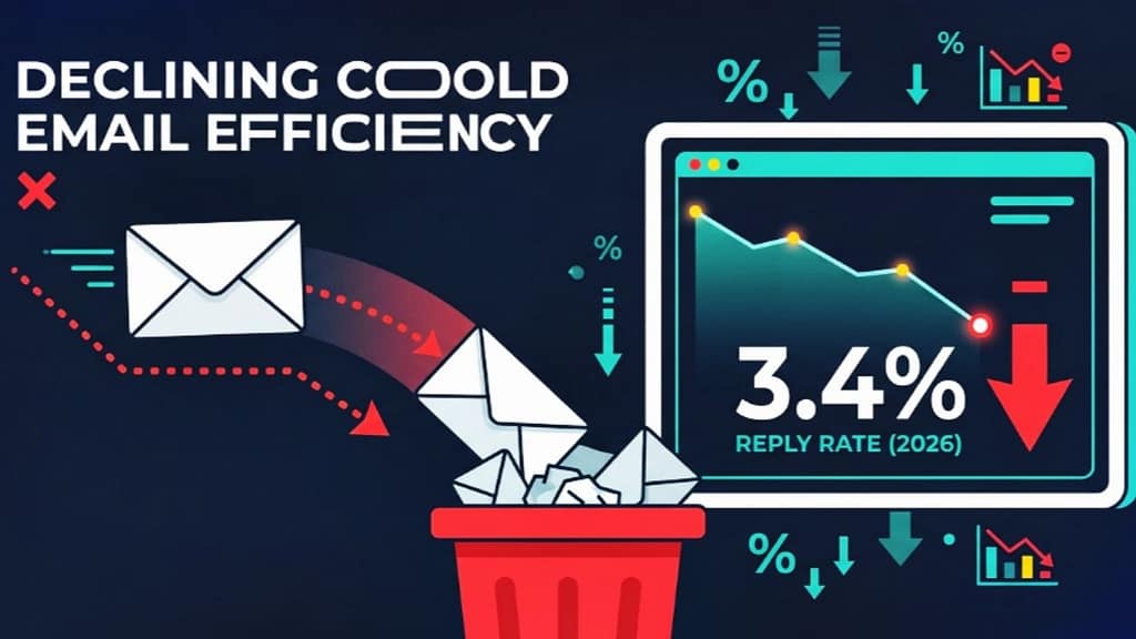 Vector design illustrating declining cold outbound email reply rates down to 3.4% in 2026.