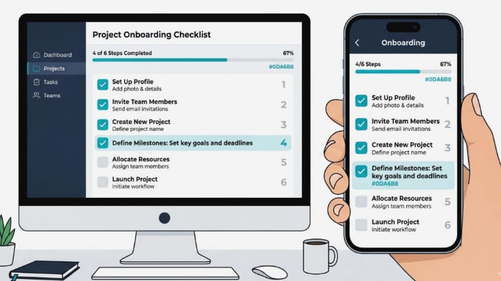six-step SaaS onboarding checklist for startups shown on mobile and desktop