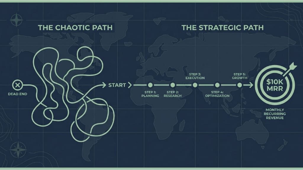 A clean flat vector graphic illustrating the step-by-step path to validation and traction.