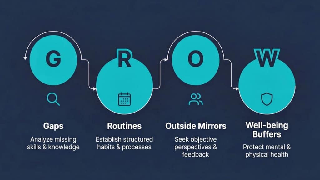 G.R.O.W. Check framework diagram showing four pillars of founder resilience: Gaps, Routines, Outside Mirrors, and Well-being Buffers
