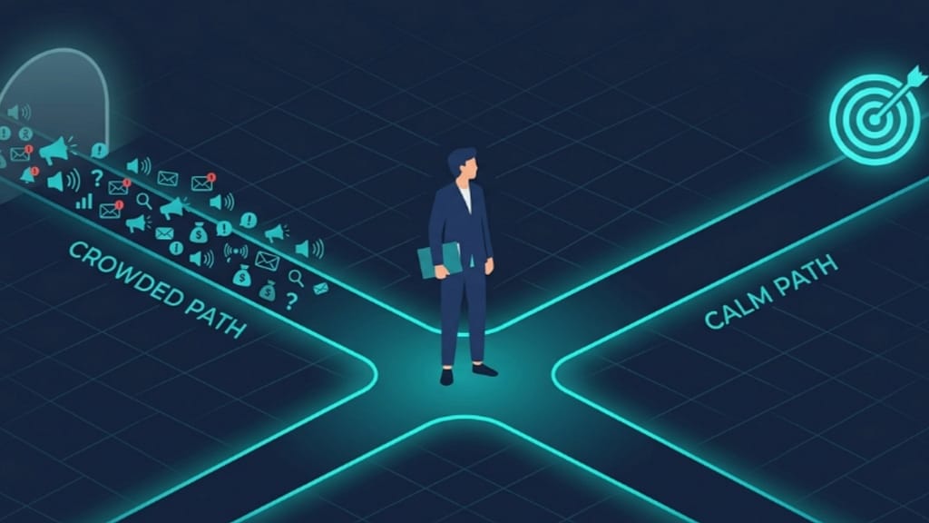 B2B SaaS growth marketing strategy illustration showing a founder choosing between noisy generic tactics and a focused ICP-driven path
