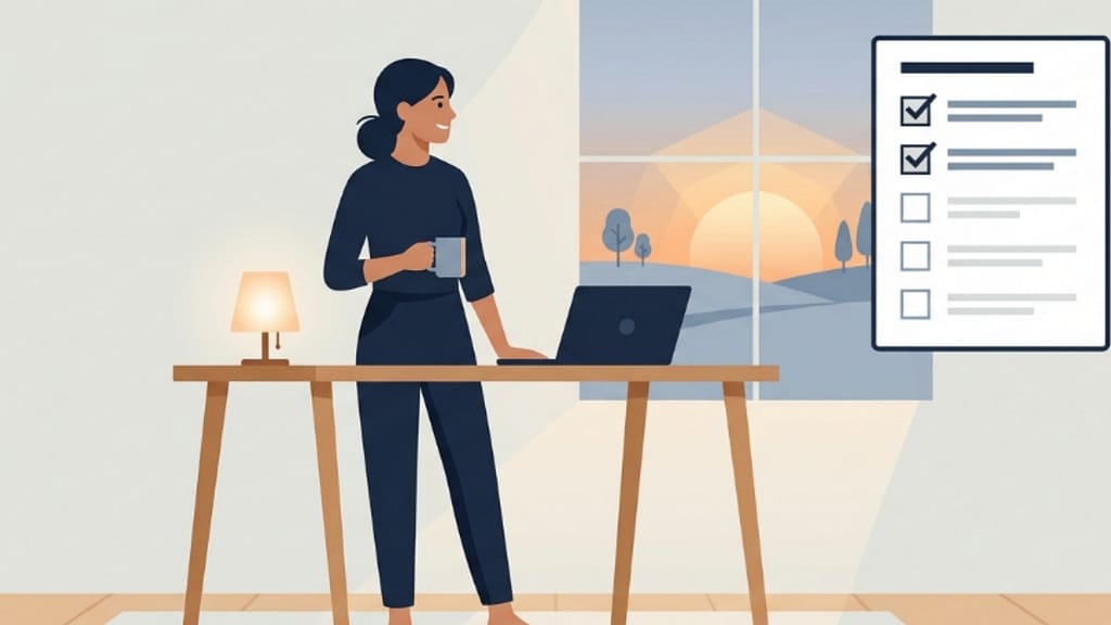 Founder following daily routines that increase founder productivity at a minimal dawn desk setup
