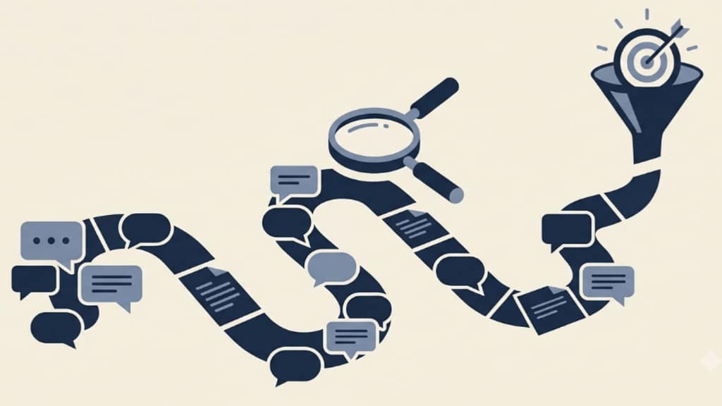 SaaS content strategy for leads illustrated as a path of buyer conversations leading to a conversion funnel