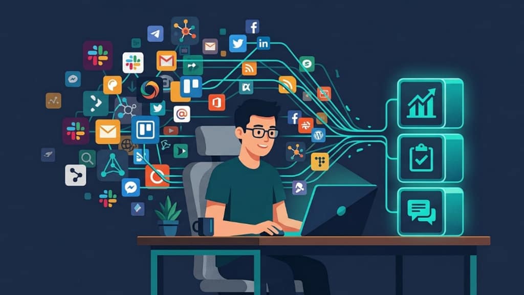 Founder simplifying an AI tool stack to manage churn, navy and teal flat illustration