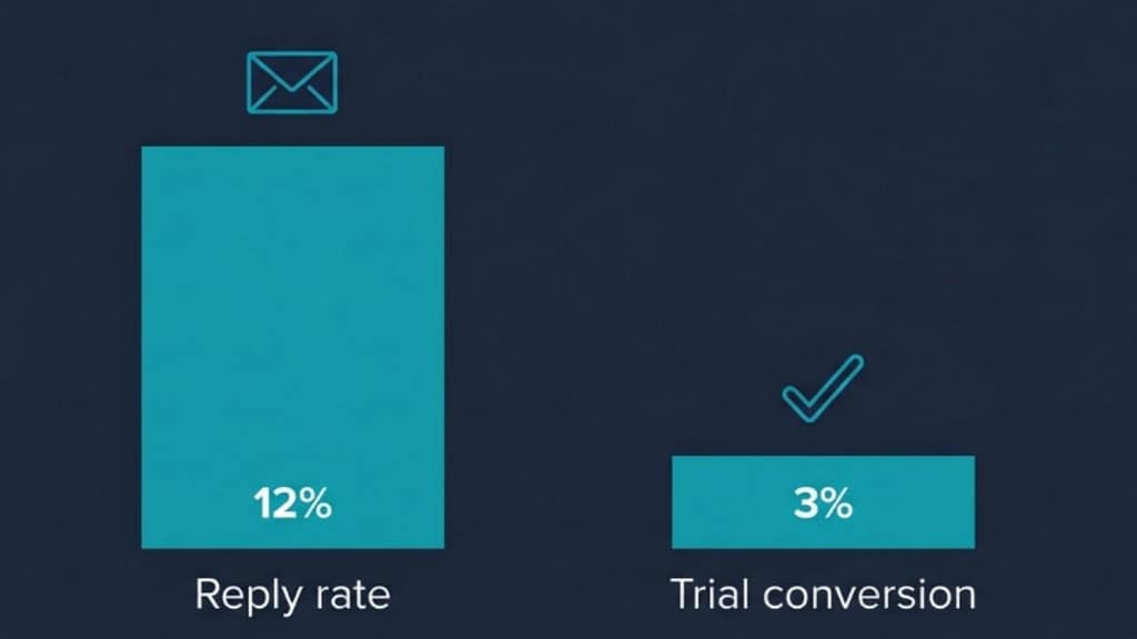 Chart showing 12 percent reply rate and 3 percent trial conversion from a targeted B2B SaaS outbound list