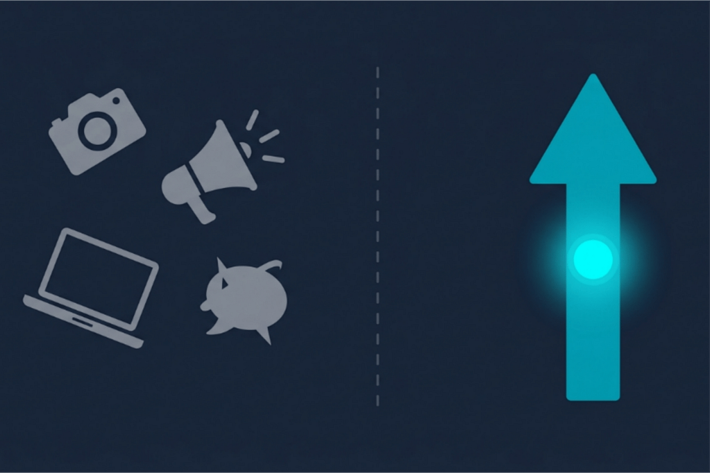Flat vector illustration comparing scattered marketing approach versus single-channel solo developer marketing strategy