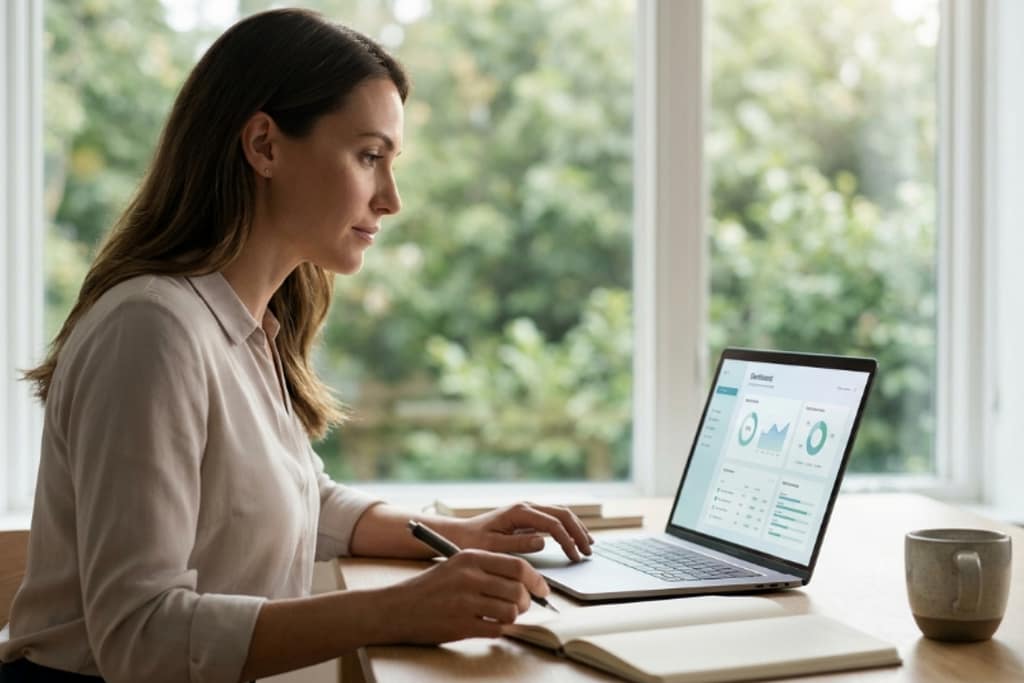 ​A focused professional working efficiently at a clean, modern desk with a laptop and a notebook, using effective time-saving tools to boost daily productivity.