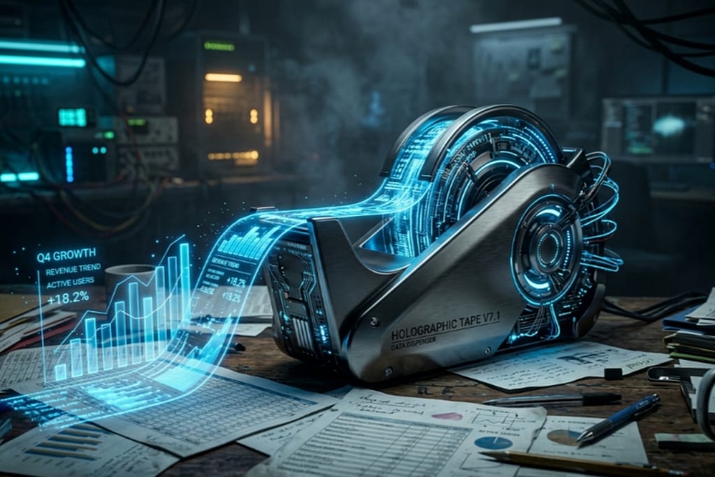 A futuristic glowing tape dispenser converting messy physical spreadsheets into a clean digital graph, symbolizing vertical SaaS tools replacing manual business workflows.