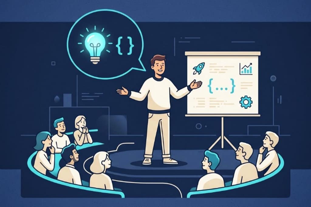 Solo developer building in public — flat vector illustration of a developer presenting their build journey to a small growing audience