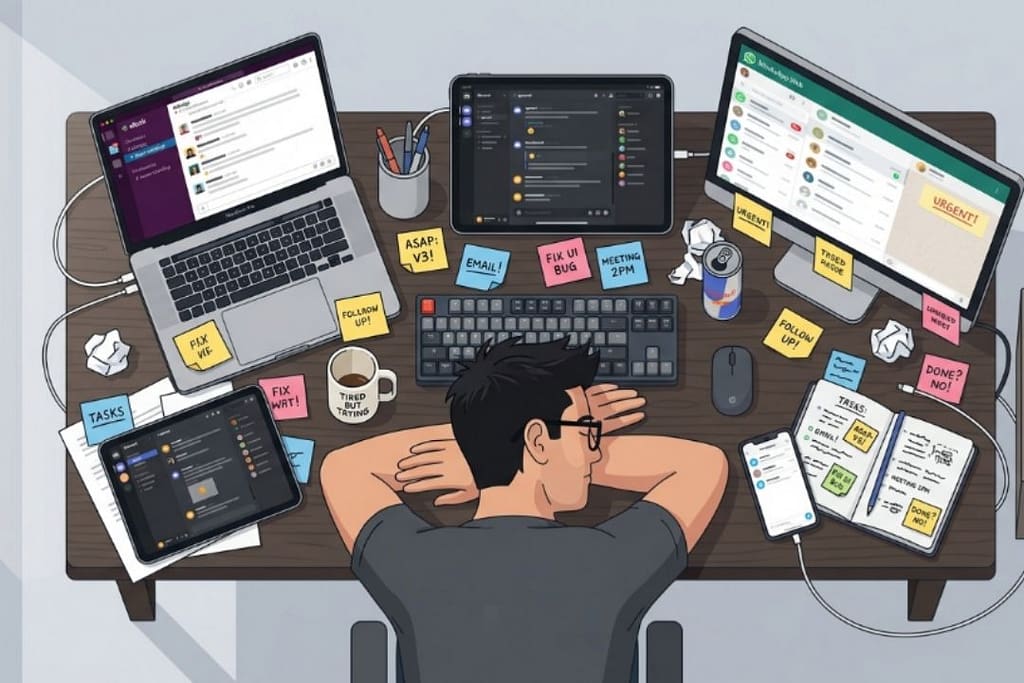 Professional struggling with operational drag and digital context switching across multiple SaaS apps.
