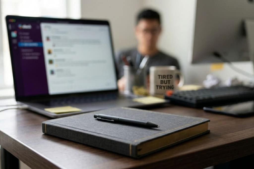 A physical paper notebook on a desk acting as a productivity and focus tool.