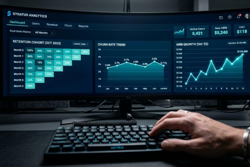 SaaS retention metrics analysis - startup founder studying 30-day churn rate and user activity dashboard