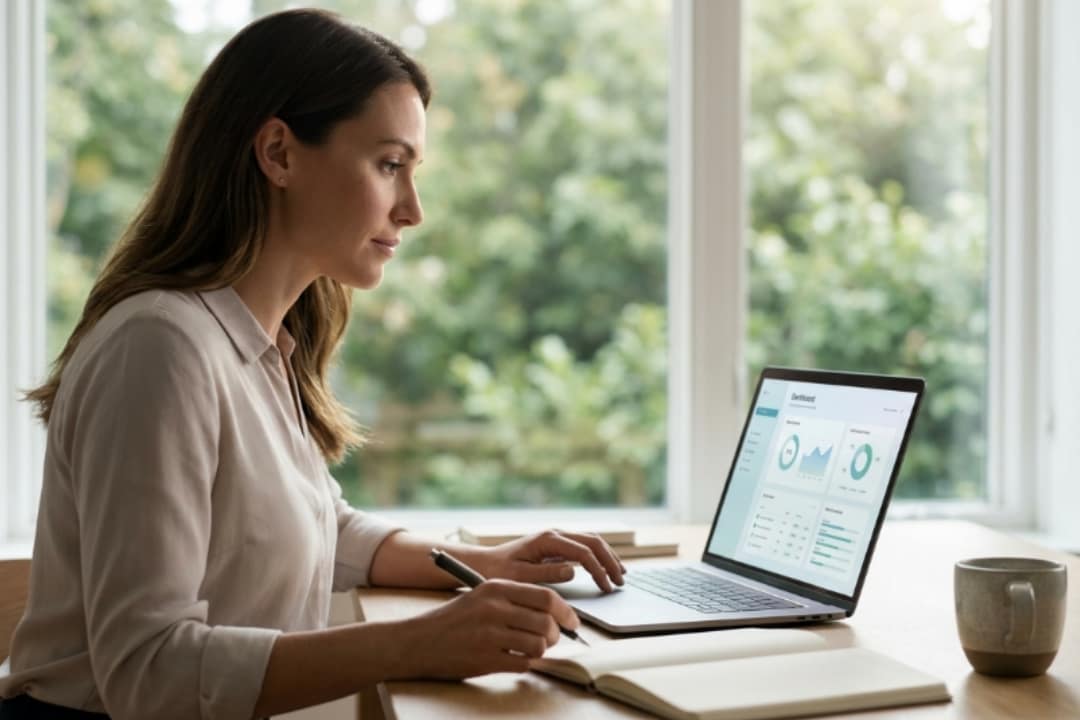 A focused professional working efficiently at a clean, modern desk with a laptop and a notebook, using effective time-saving tools to boost daily productivity.