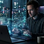 A solo SaaS founder analyzing glowing data streams and Reddit threads on a laptop in a dimly lit office
