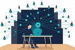 Solo developer marketing illustration showing a developer at a laptop connected to a growing audience network in flat vector art style