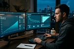how to success a saas - solo SaaS founder reviewing product growth strategy on dual monitors in a dark modern office